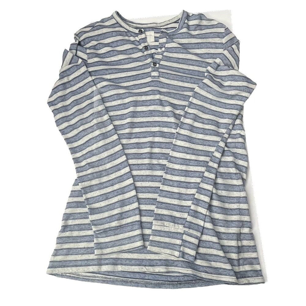 Sol Angeles Henley Tee Medium Stripe Blue White Long Sleeve Stretch Top Made USA